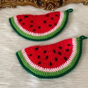 Vintage Knitted Watermelon Potholders With Hooks